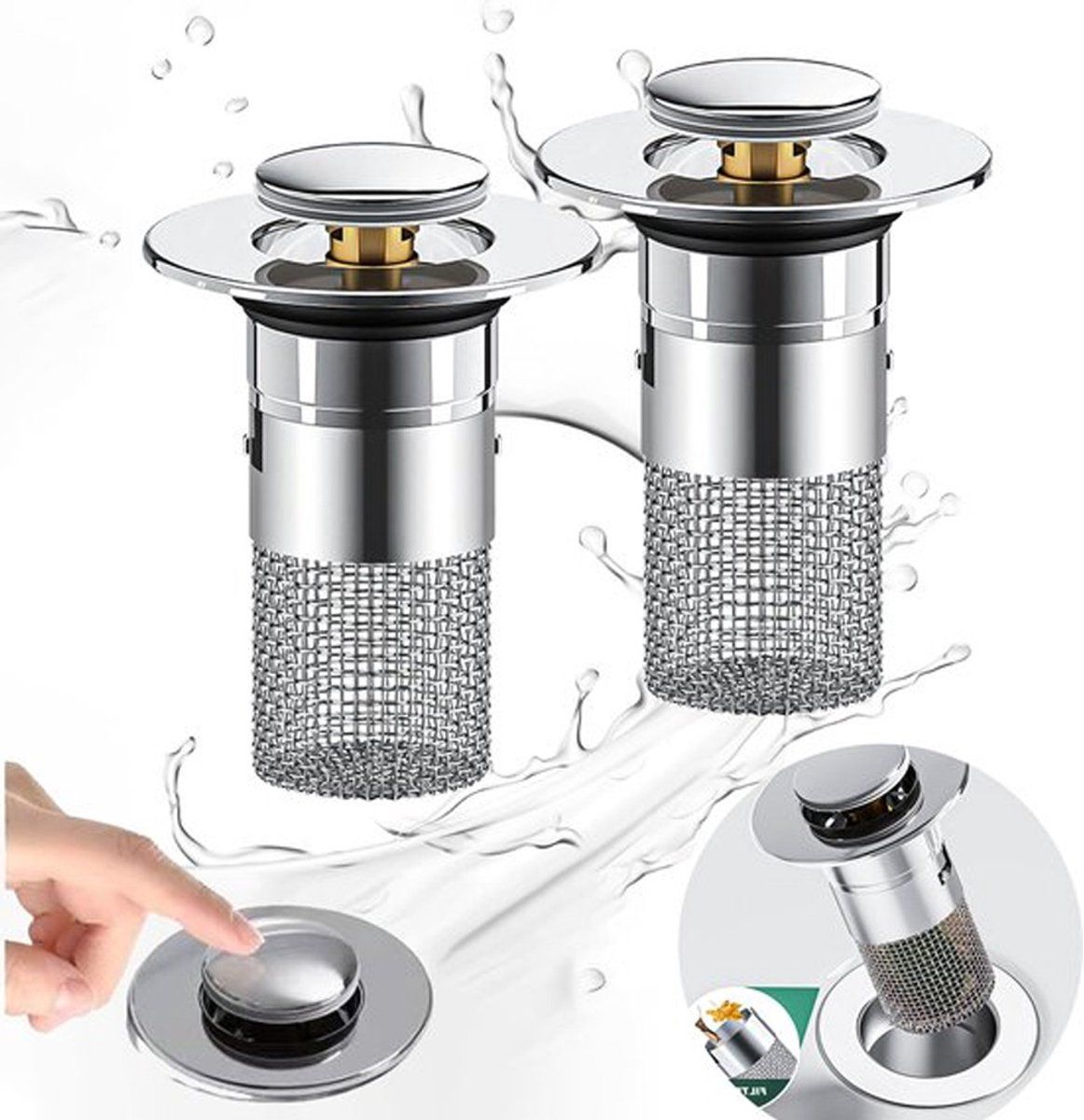 2 Piece Drain Stopper Set with Hair Screen for Washbasins and Baths, Anti Clogging