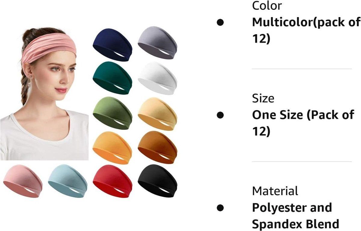 12 Piece Elastic Sports Headband Set for Women, Sweatbands for Running and Workout