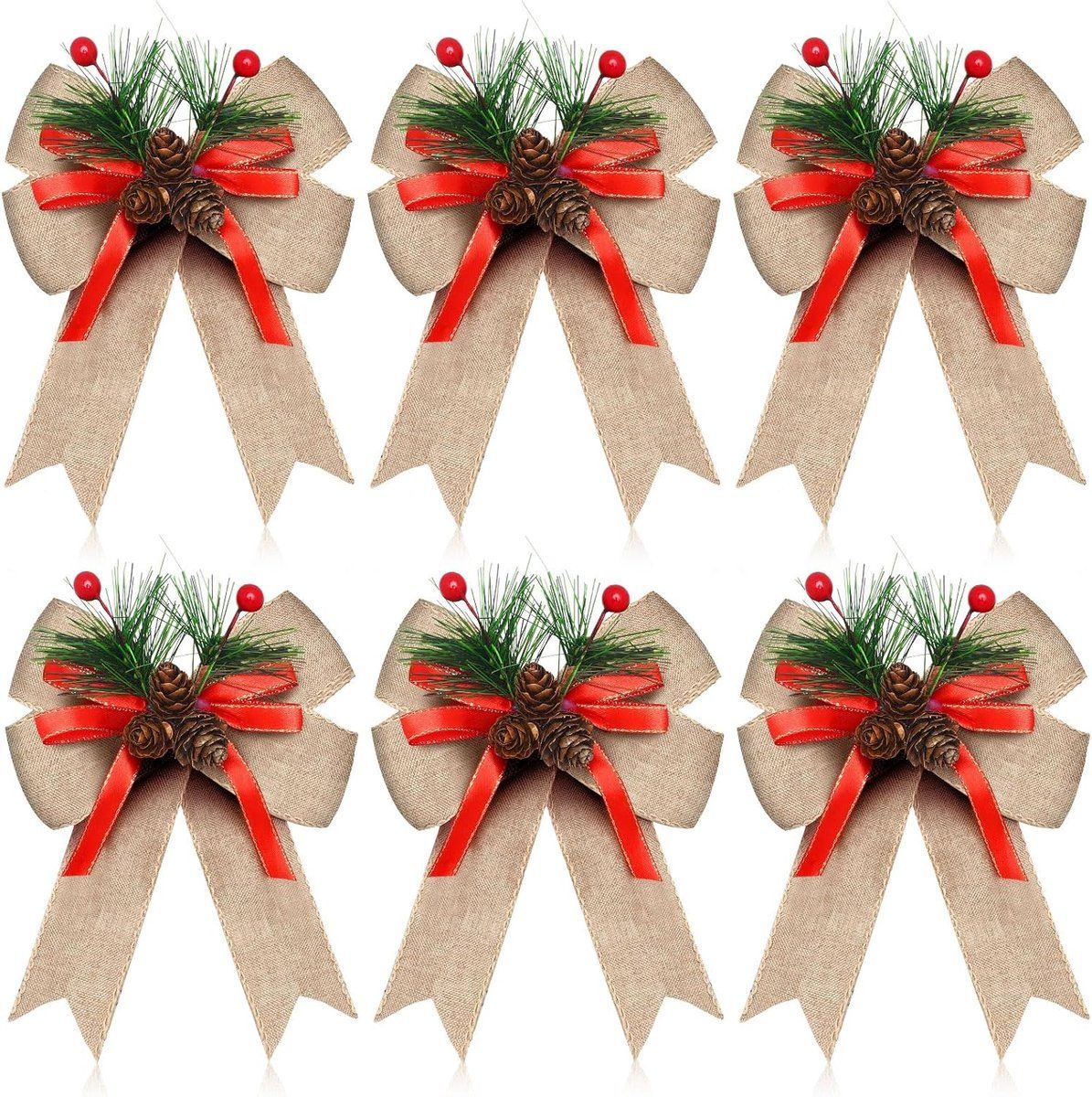 6 Piece Christmas Bow Set with Checked Ribbon and Pine Cones, Flax