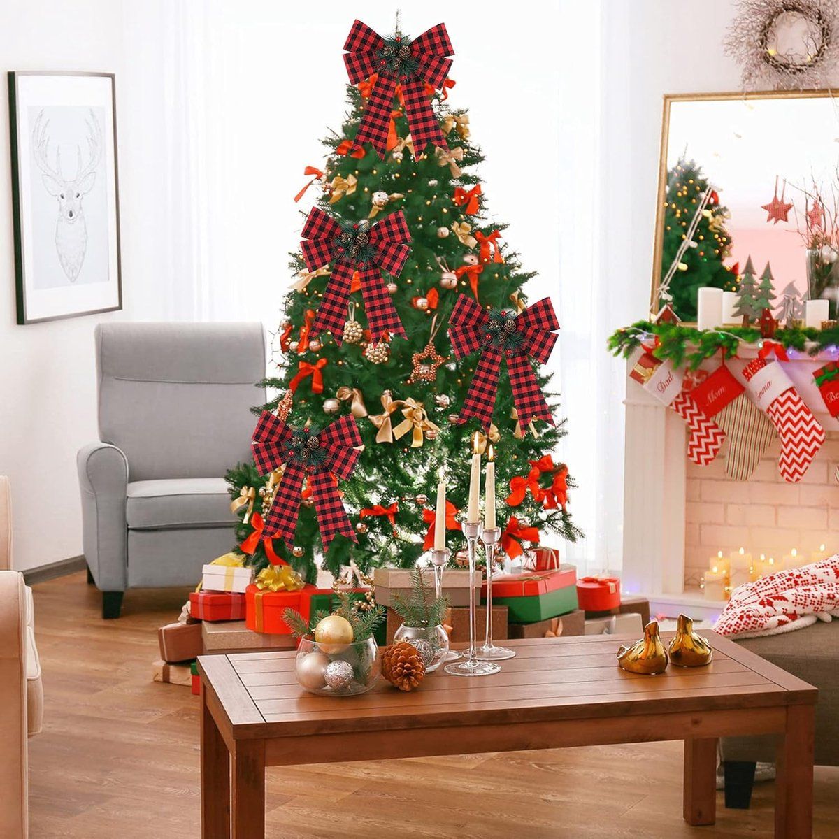 6 Piece Black and Red Checked Christmas Bow Set with Pine Cones