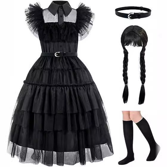 Girls' dress cosplay Wednesday Brigitte princess dress lace details puff sleeves children Wednesday 4pcs 110