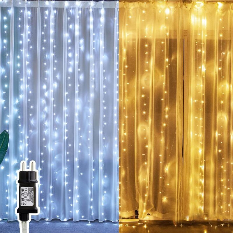 Outdoor LED Light Curtain with 8 Modes Warm White Christmas String Lights, 3 x 3 m, 300 LED