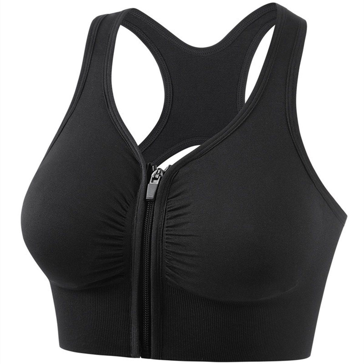 Womens High Impact Sports Bra With Front Zipper, Breathable Wirefree Push Up Support For Running Yoga Fitness, Black, Size S