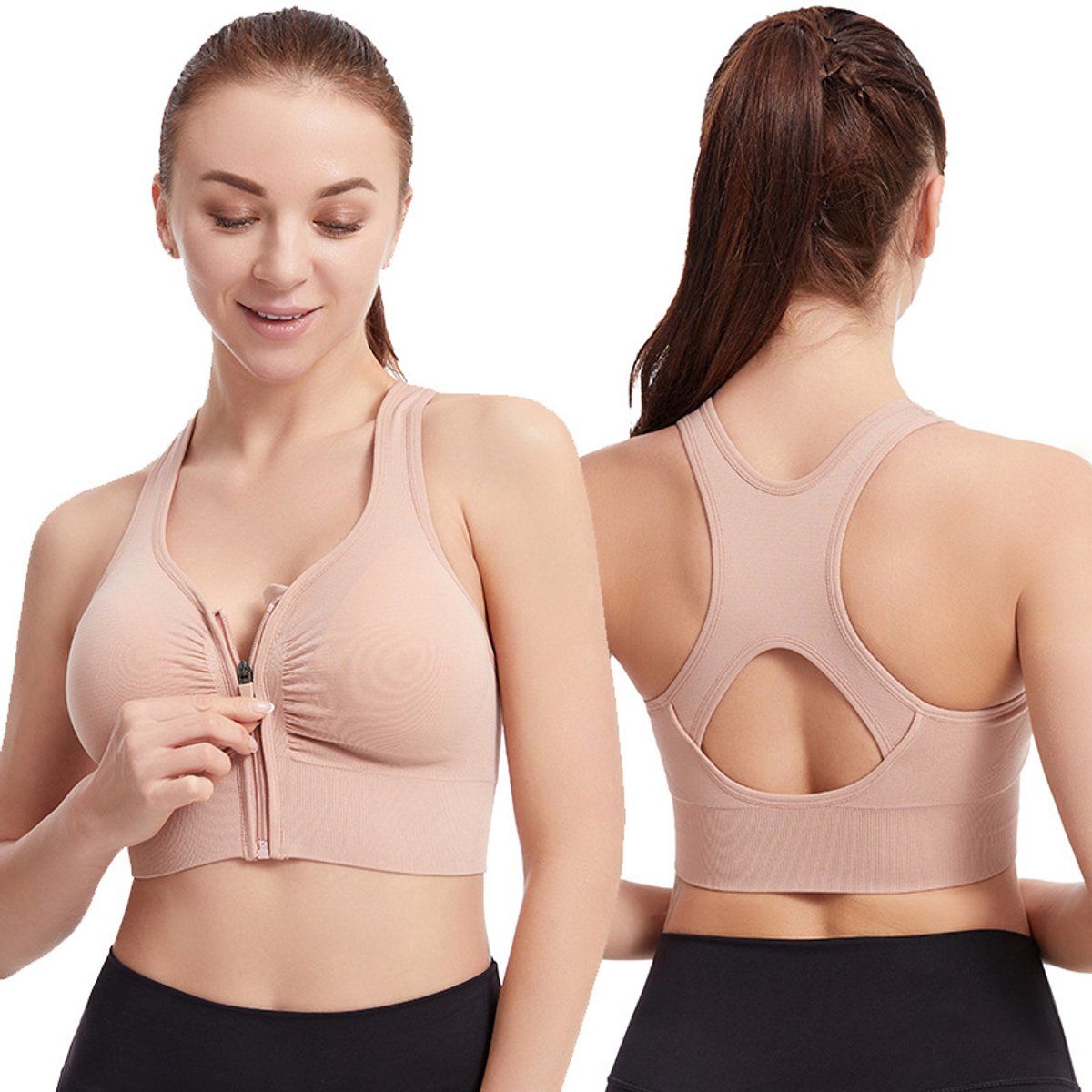 Womens High Impact Sports Bra With Front Zipper, Breathable Wirefree Push Up Support For Running Yoga Fitness, Black, Size S