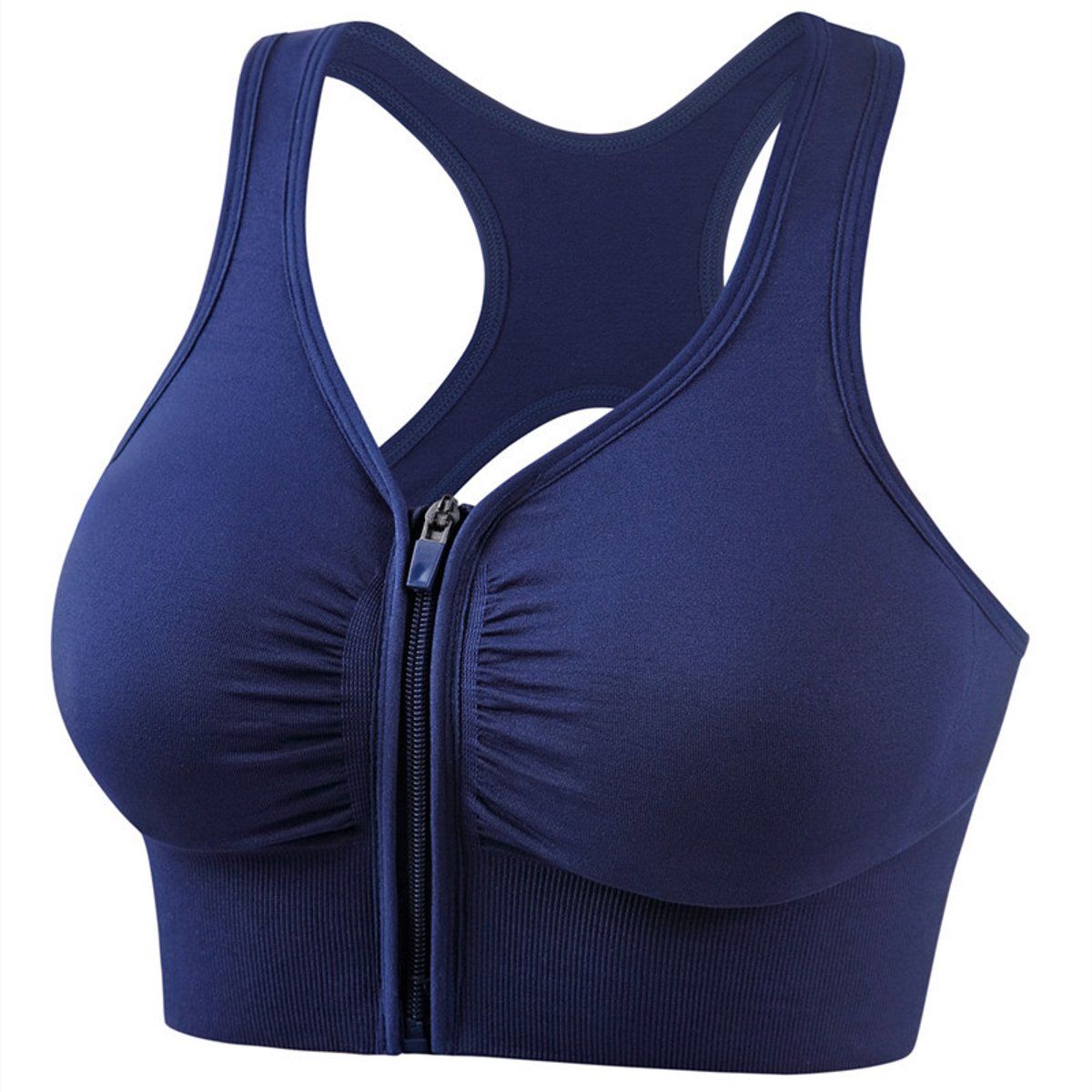 Womens High Impact Sports Bra With Front Zipper, Push Up Breathable Wireless Support For Running Yoga Fitness, Navy Blue, XXXL