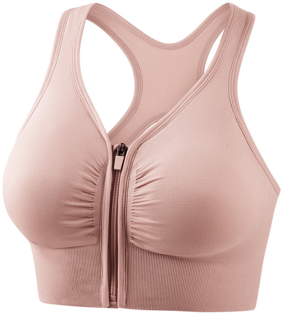 Womens High Impact Sports Bra With Front Zipper, Wirefree Push Up Breathable Racerback For Running Yoga Gym, Pink M