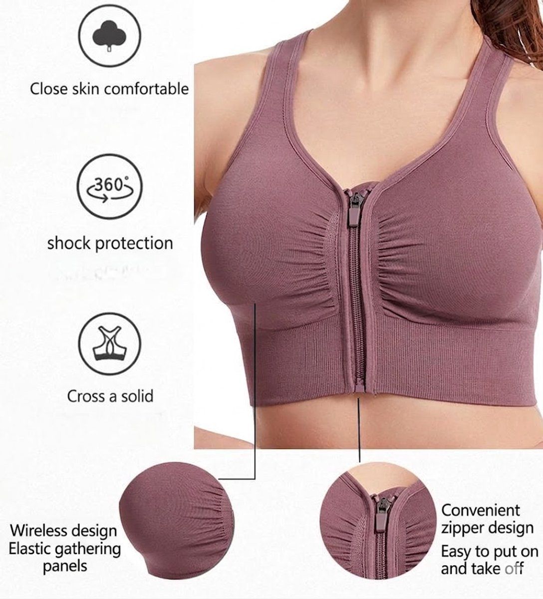 Womens High Impact Sports Bra With Front Zipper, Wirefree Push Up Breathable Racerback For Running Yoga Gym, Pink M