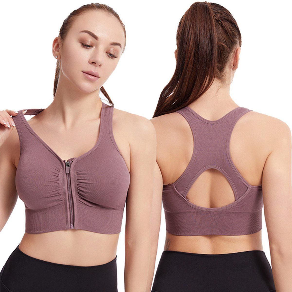Womens High Impact Sports Bra With Front Zipper, Wirefree Push Up Breathable Racerback For Running Yoga Gym, Pink M