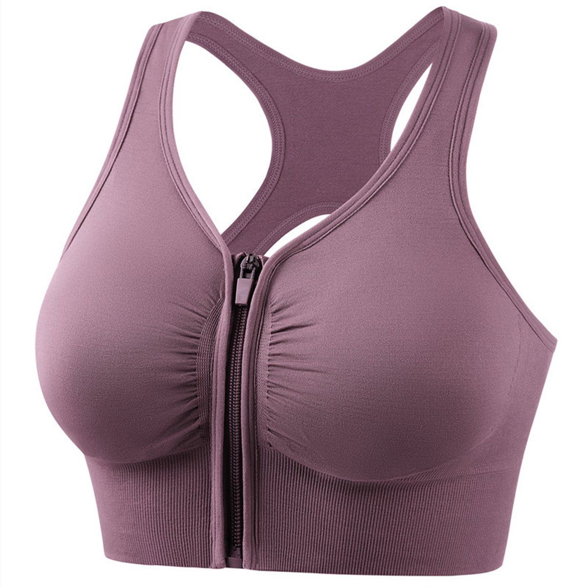 Womens High Impact Sports Bra With Front Zipper, Push Up Breathable Wireless Support For Running Yoga Fitness, Mauve, M