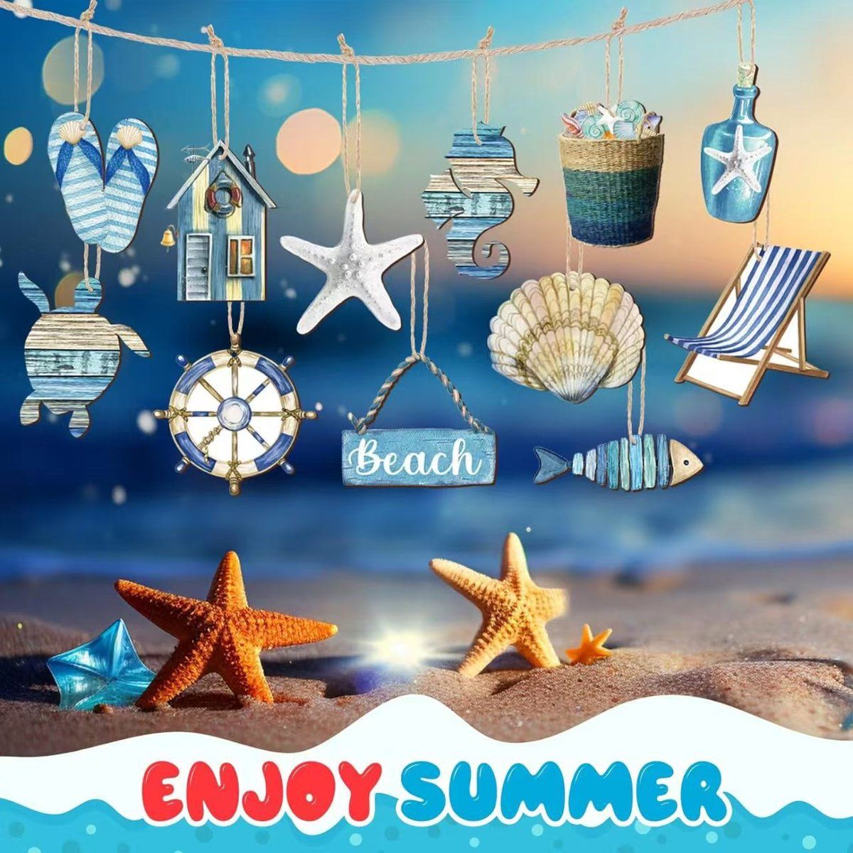 36 Pack Wooden Ocean Ornaments, Nautical Sea Animal Cutout Hanging Decorations For Christmas Tree Home Office, Blue Coastal Theme, 5 to 8 cm