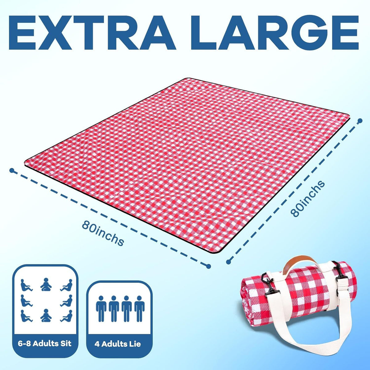 Waterproof Picnic Blanket Foldable Red for 6 to 8 People, 203 x 203 cm