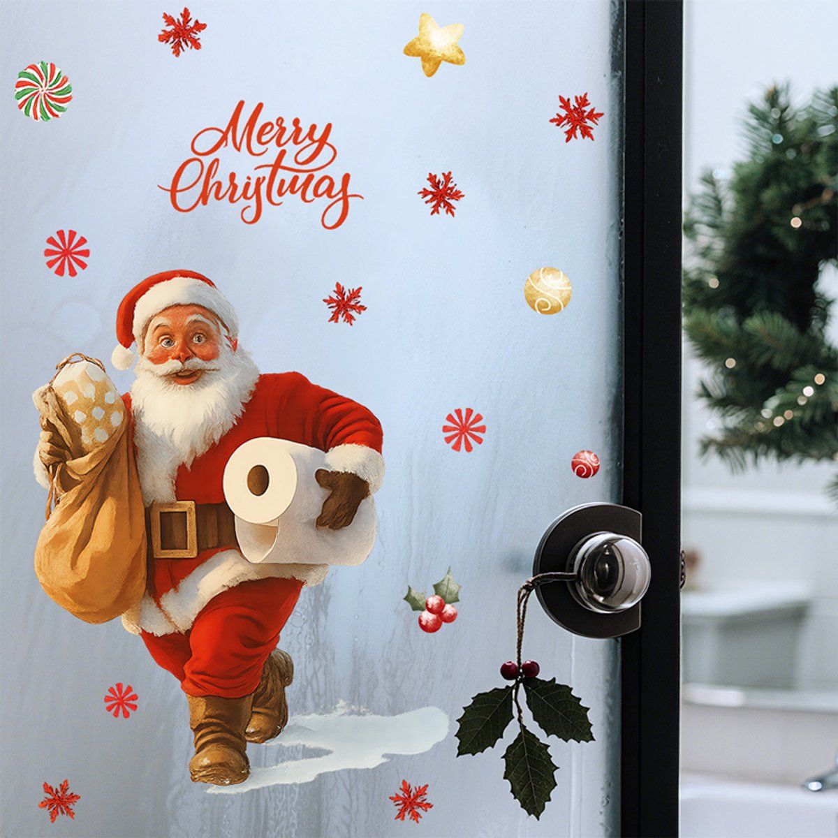 Christmas Wall Stickers Santa Toilet Decorations for Bathroom Living Room Bedroom, Red White