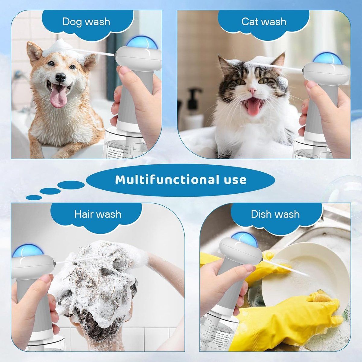 Electric Foaming Shampoo Dispenser for Dogs and Cats, Automatic Pet Bath Brush for Deep Cleaning, Grey, 350ml
