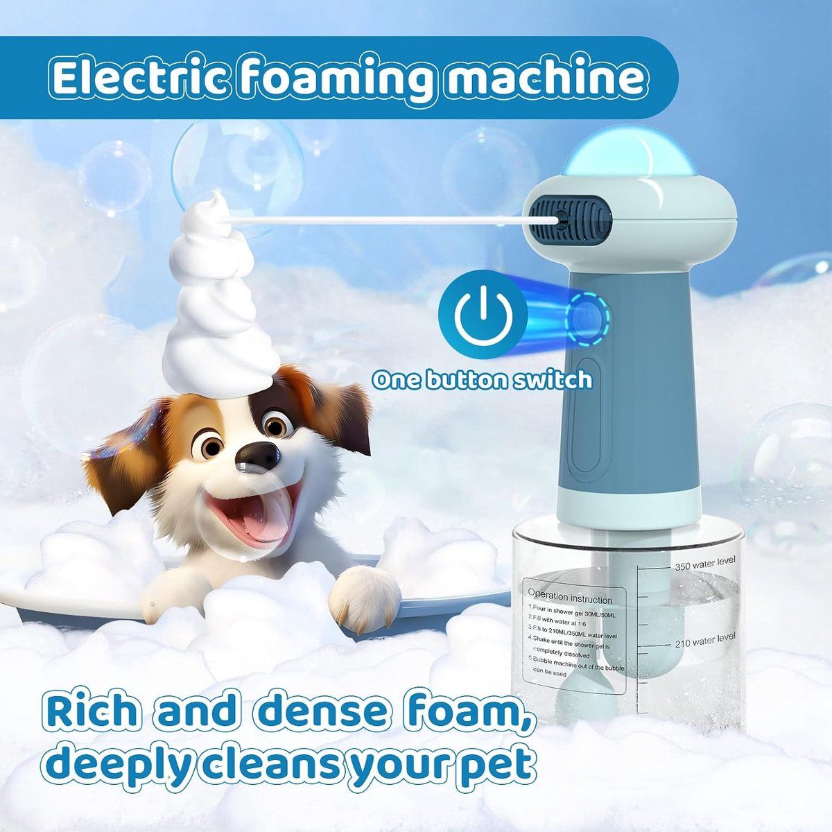 Electric Foaming Shampoo Dispenser for Dogs and Cats, Automatic Pet Bath Brush for Deep Cleaning, Grey, 350ml