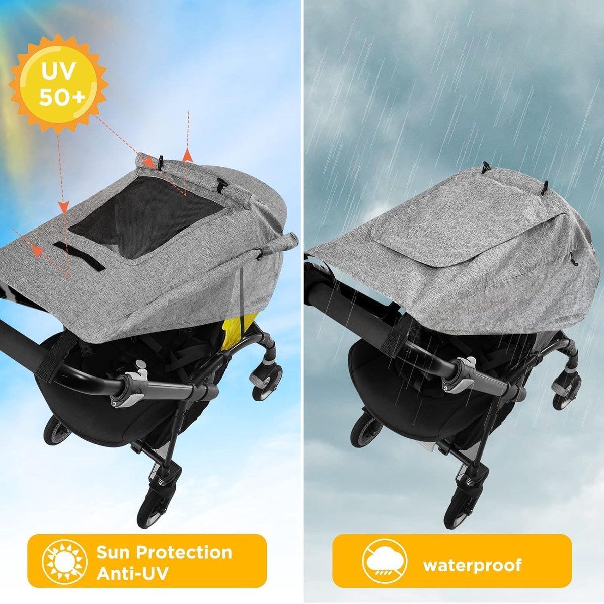 Universal Stroller Sun Canopy with Viewing Window, UV Protection, Waterproof, Grey, Easy Installation