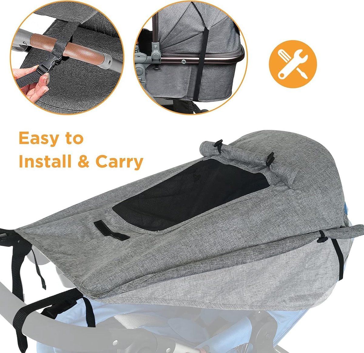Universal Stroller Sun Canopy with Viewing Window, UV Protection, Waterproof, Grey, Easy Installation