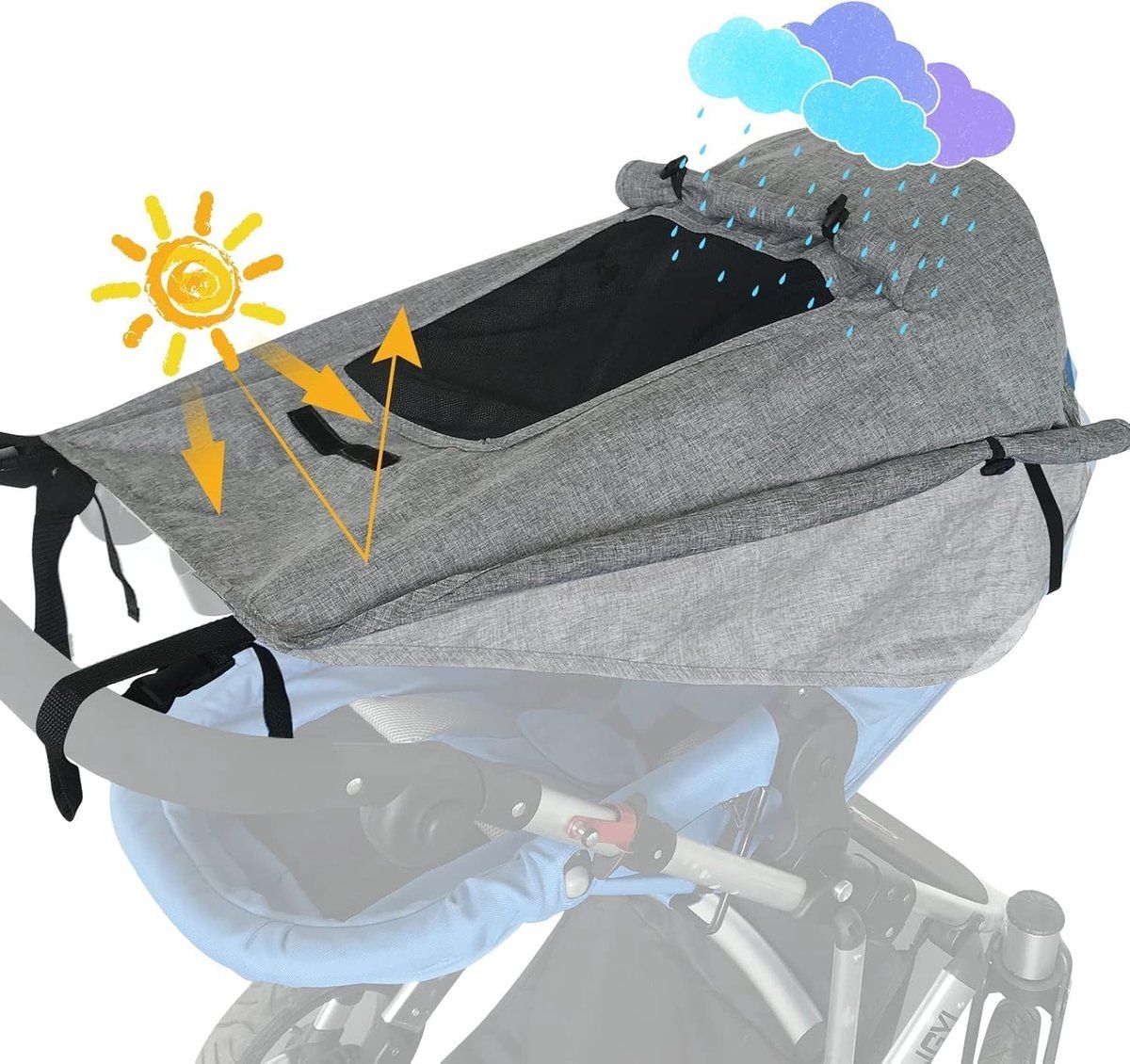 Universal Stroller Sun Canopy with Viewing Window, UV Protection, Waterproof, Grey, Easy Installation