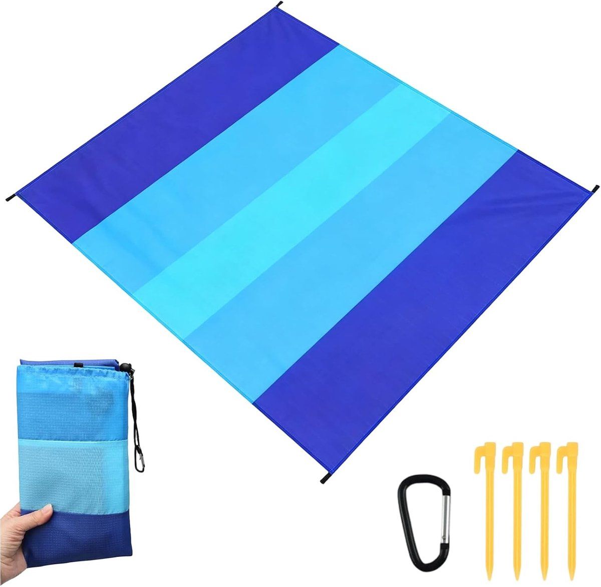 Waterproof Sand-Free Beach Mat, Foldable Outdoor Picnic Camping Blanket with Fixing Pegs, Carabiner and Carrying Bag for Beach Vacation and Travel