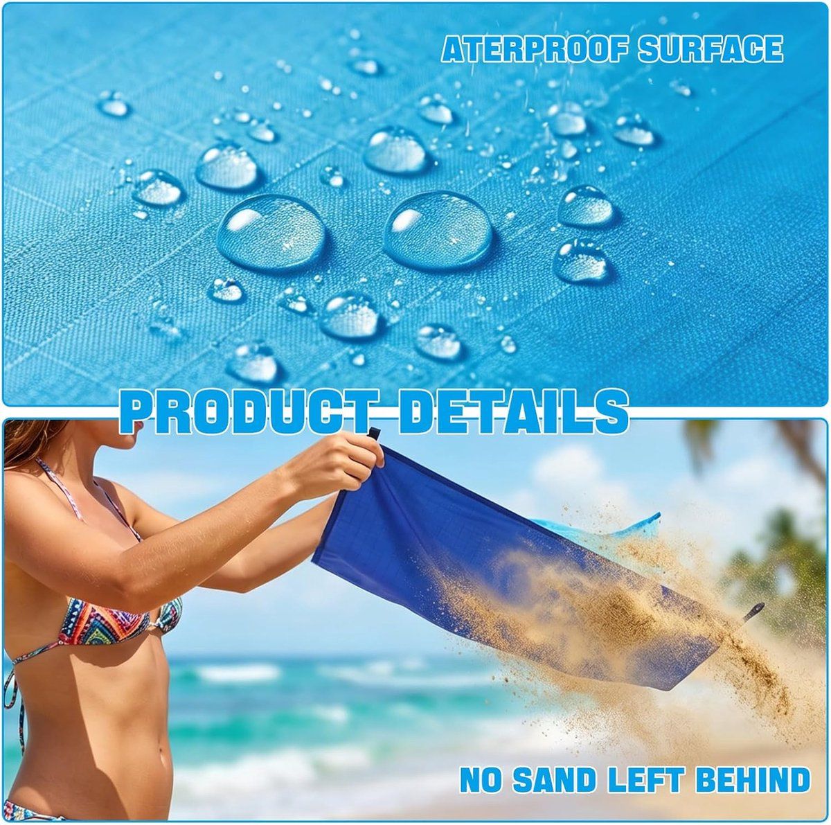 Waterproof Sand-Free Beach Mat, Foldable Outdoor Picnic Camping Blanket with Fixing Pegs, Carabiner and Carrying Bag for Beach Vacation and Travel