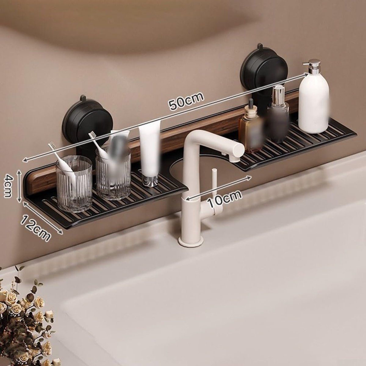 Bathroom Shelf with Suction Cups Wall Mounted No Drilling White Walnut Grain Storage Rack for Kitchen Bathroom, 50cm x 12cm x 4cm