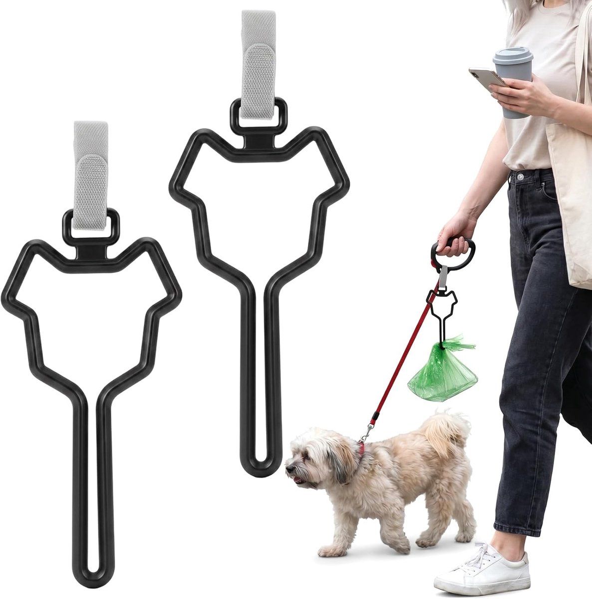 Poop Bag Holder Set of 2, Hands-Free Dog Waste Bag Dispenser for Belt or Bike, Compact and Sturdy for Walking and Running with Your Dog, Black