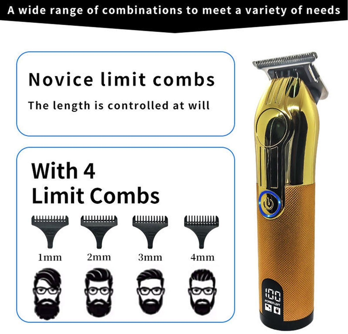 Cordless Hair Trimmer for Men, Professional Electric Beard Trimmer with Gold Plated Blade, Rechargeable Hair Clipper with 5 Guide Combs and USB Cable