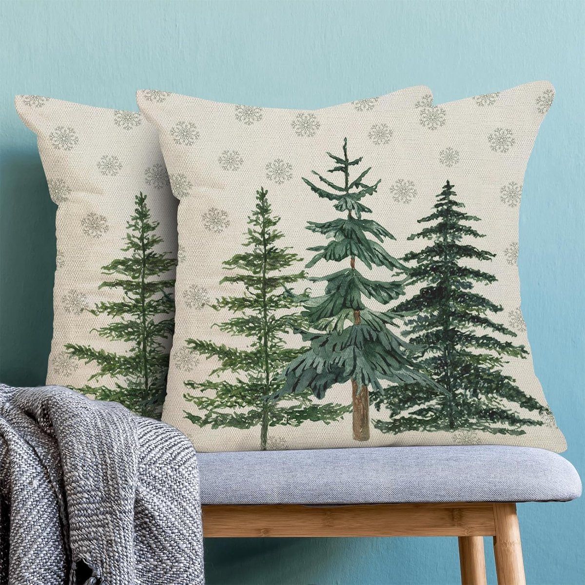 2 Pack Christmas Pillow Covers with Snowflake and Green Christmas Tree Print, Winter Festive Decorative Throw Pillow Cases for Sofa Bedroom Indoor Outdoor, 45x45 cm