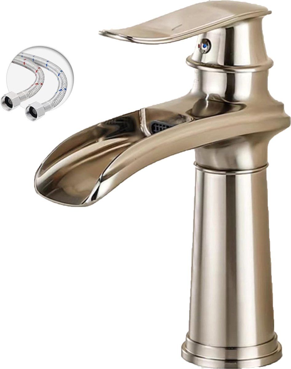 Waterfall Bathroom Faucet Single Handle Mixer Tap Hot and Cold for Bathroom Sink Washbasin, Low Model, Brushed Nickel