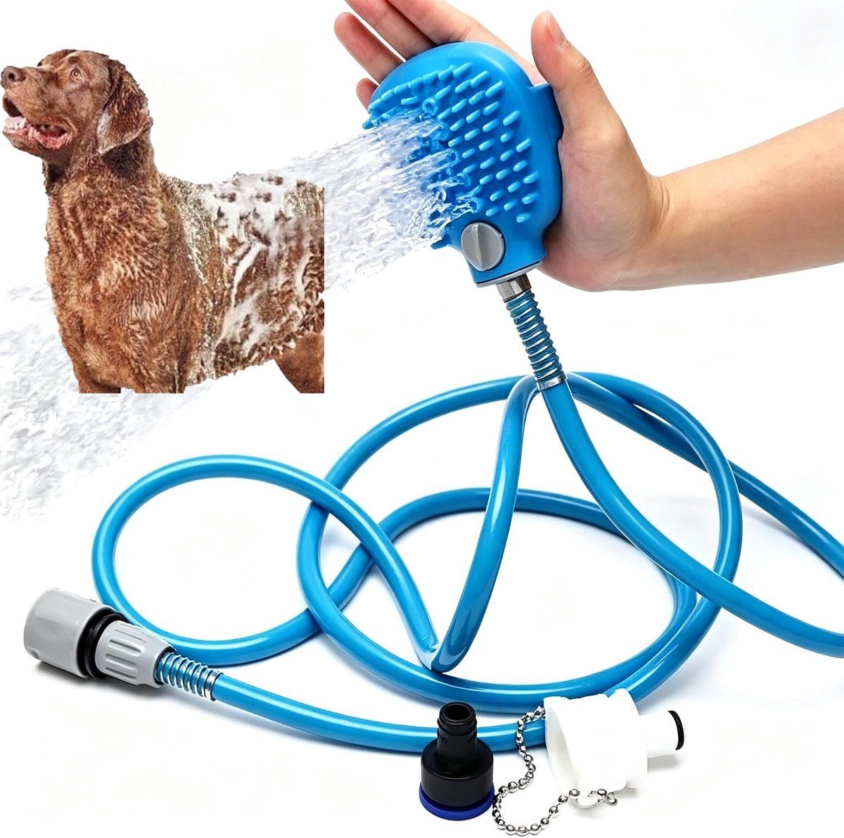 Pet Shower Head with Bath Brush 2 in 1 Dog and Cat Washing Sprayer with Hose for Indoor and Outdoor Use, Blue