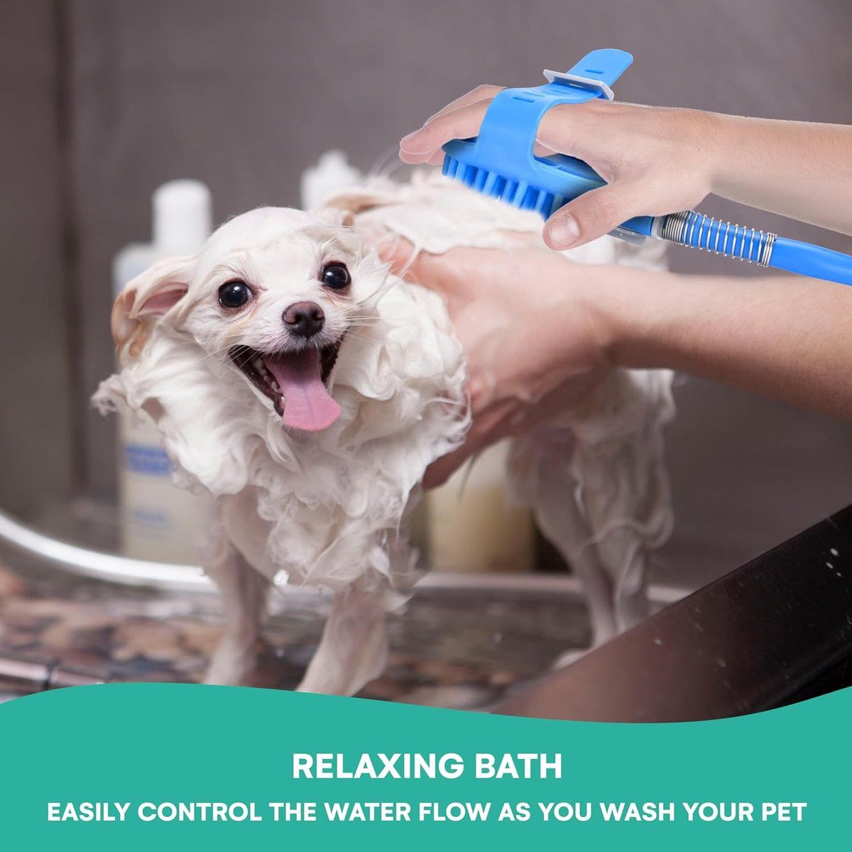 Pet Shower Head with Bath Brush 2 in 1 Dog and Cat Washing Sprayer with Hose for Indoor and Outdoor Use, Blue