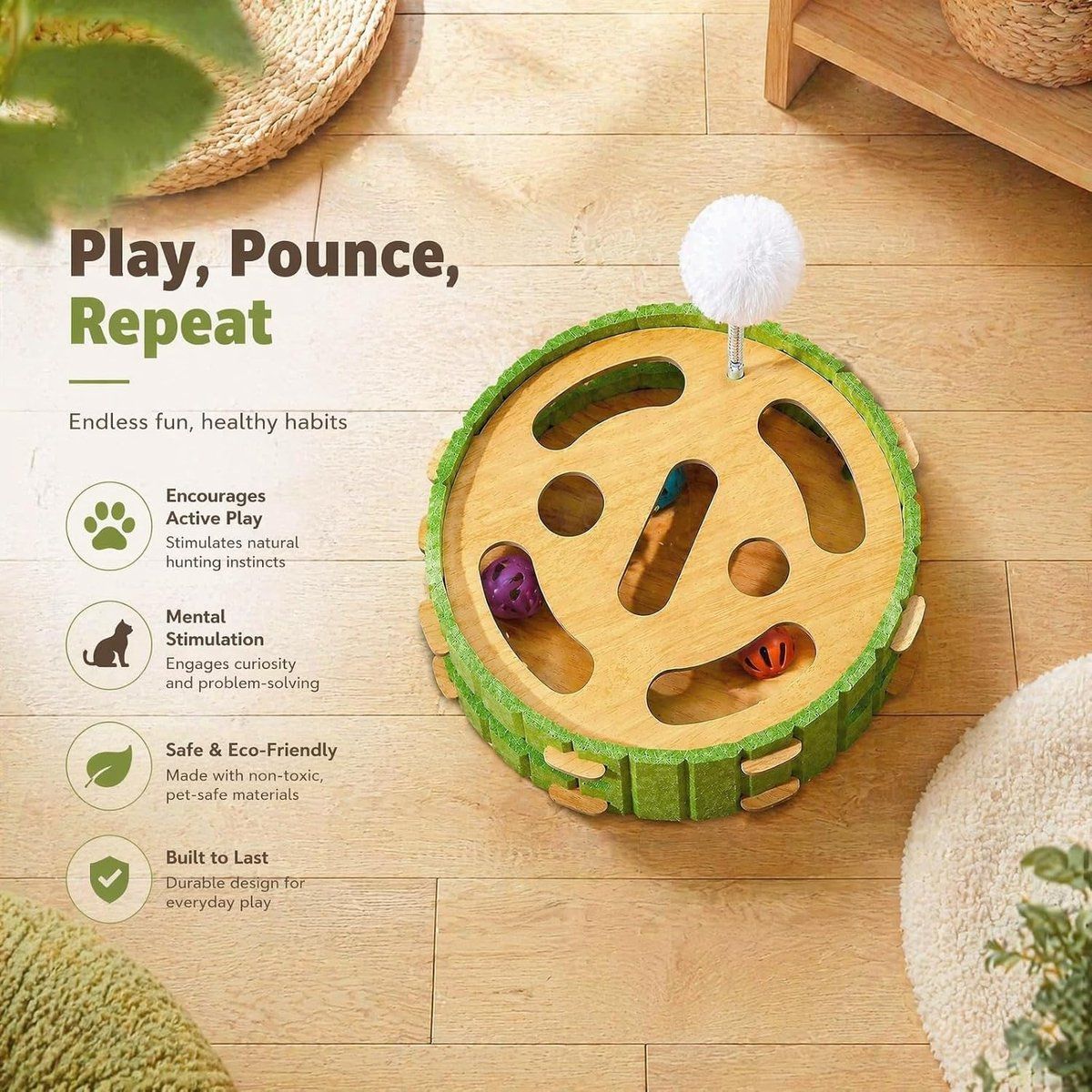 Interactive Cat Puzzle Toy with 3 Bell Balls and Feather Wand, Mental Stimulation Labyrinth Box for Indoor Cats, 30 cm Diameter