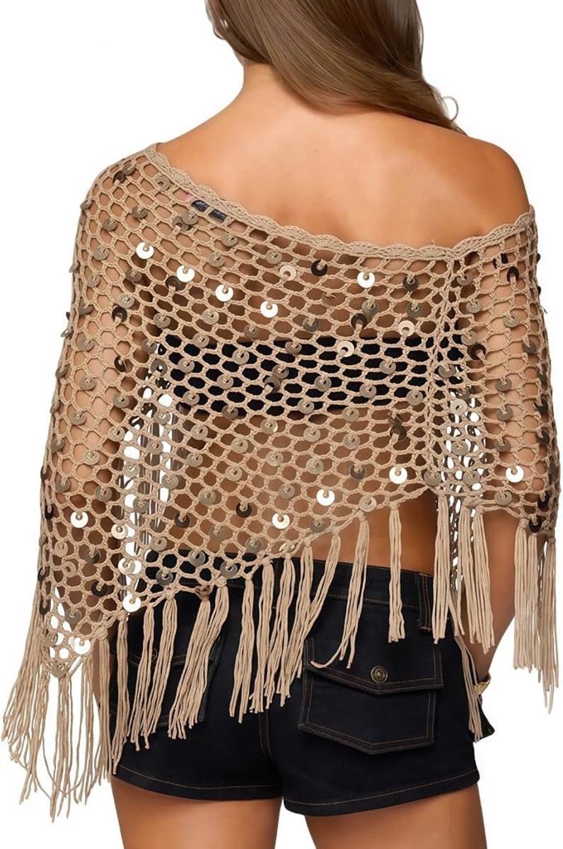 Crochet Sequin Poncho for Women, Off Shoulder Beach Cover Up with Tassels, Handmade Swimsuit Wrap, Khaki