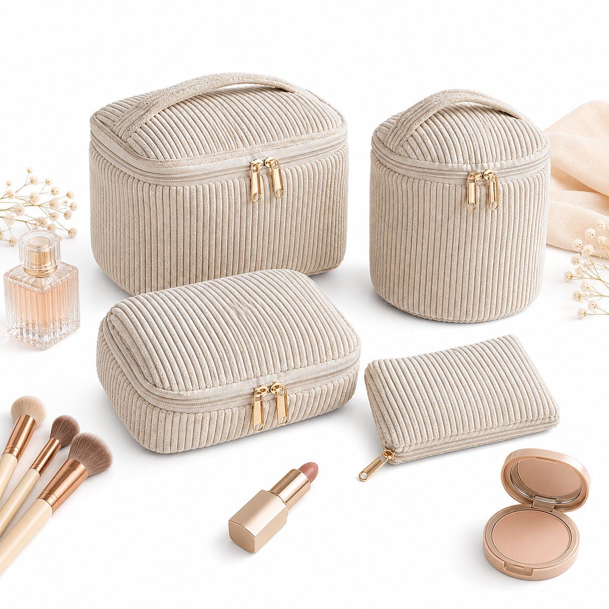 4 Pack Corduroy Cosmetic Bag Set for Women, Portable Travel Toiletry Makeup Bag with Zipper and Handle, Large Capacity, Beige