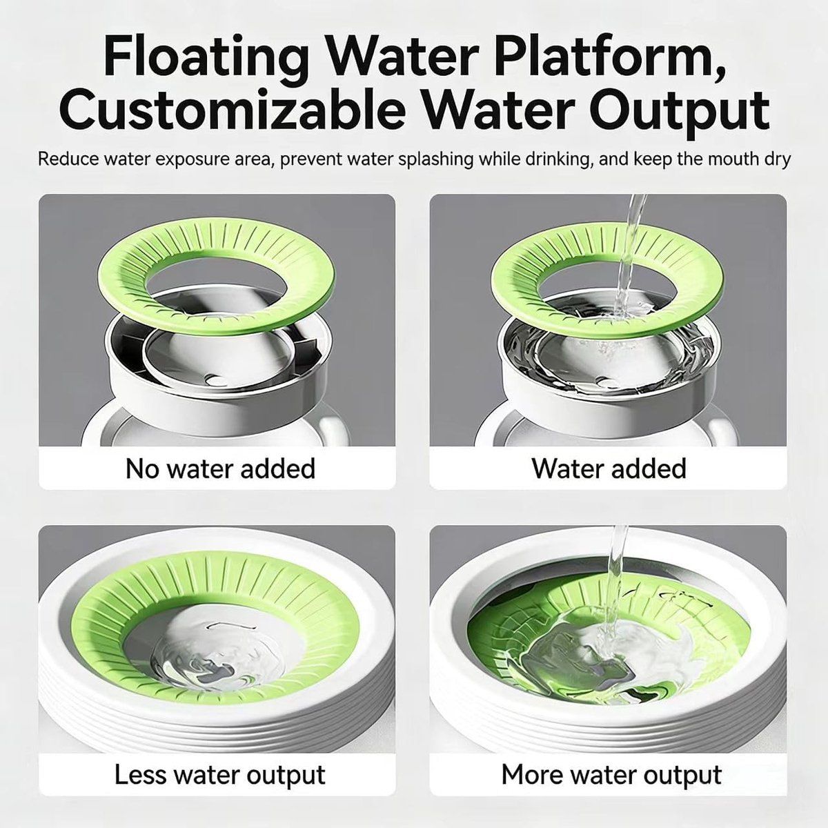 Spill-Proof Pet Water Bowl with Floating Disc, Slow Feeder Splash-Proof Drinking Bowl for Cats and Dogs, Green, 600 ml