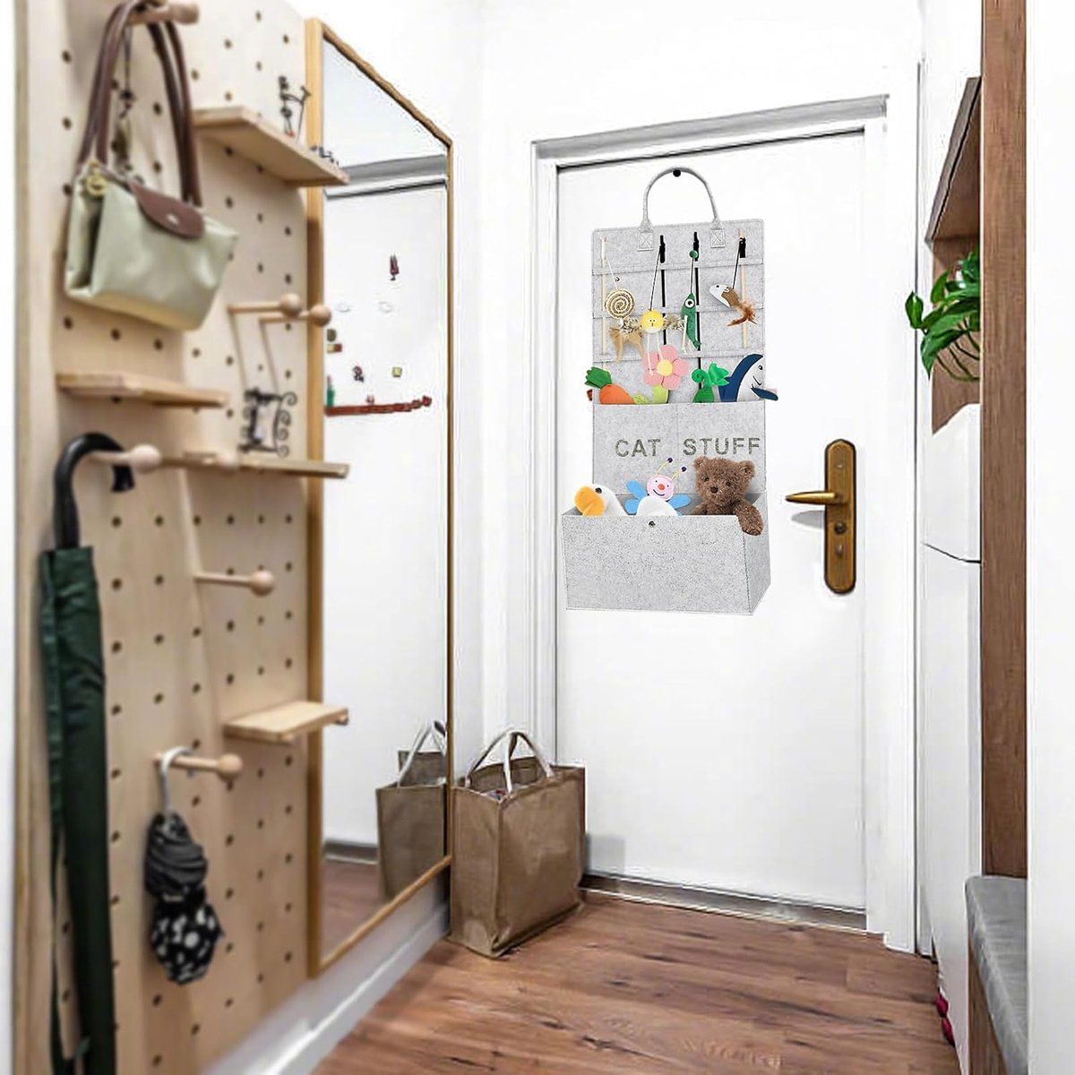 Pet Toy Storage Bag, Foldable Hanging Cat Toy Organizer, Multi-functional Felt Storage Bag for Home Use, Grey, 80x40x20cm