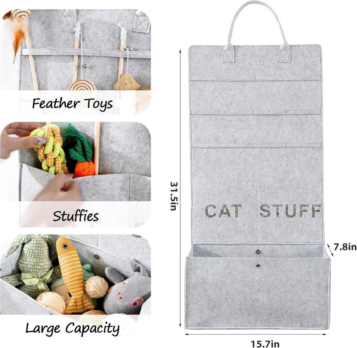 Pet Toy Storage Bag, Foldable Hanging Cat Toy Organizer, Multi-functional Felt Storage Bag for Home Use, Grey, 80x40x20cm