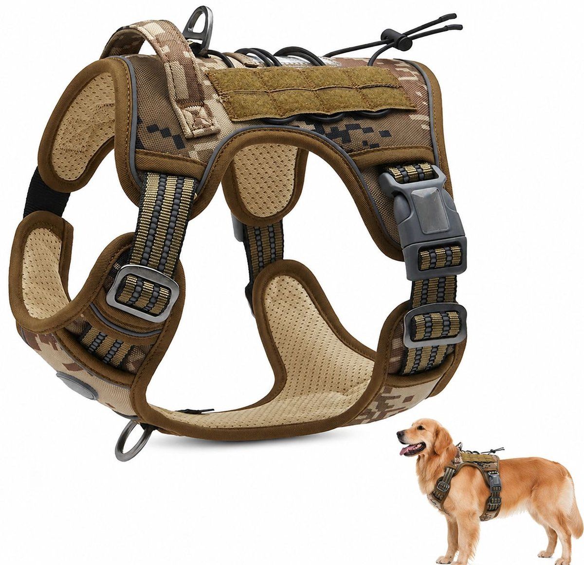 No Pull Dog Harness, Adjustable Reflective Tactical Dog Harness for Medium Large Dogs, Camouflage, Chest 66-107cm, Size XL