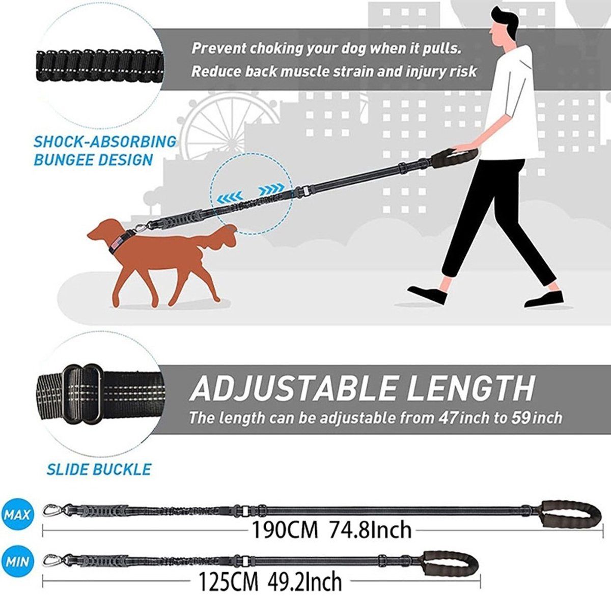Shock Absorbing Dog Leash, Anti Tangle Elastic Training Leash for Large Dogs up to 49.9 kg, 1.9 m, Khaki
