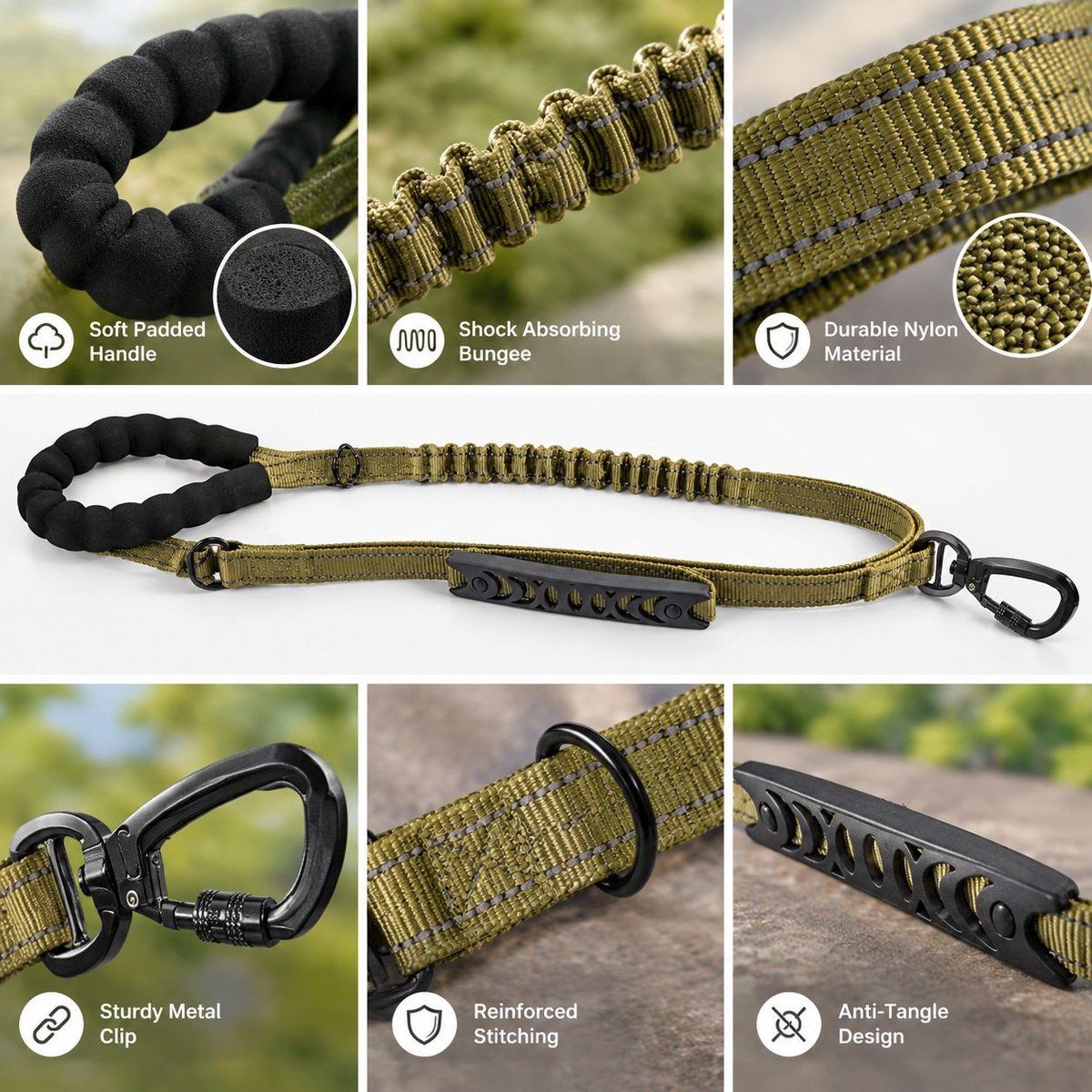 Shock Absorbing Dog Leash, Anti Tangle Elastic Training Leash for Large Dogs up to 49.9 kg, 1.9 m, Khaki