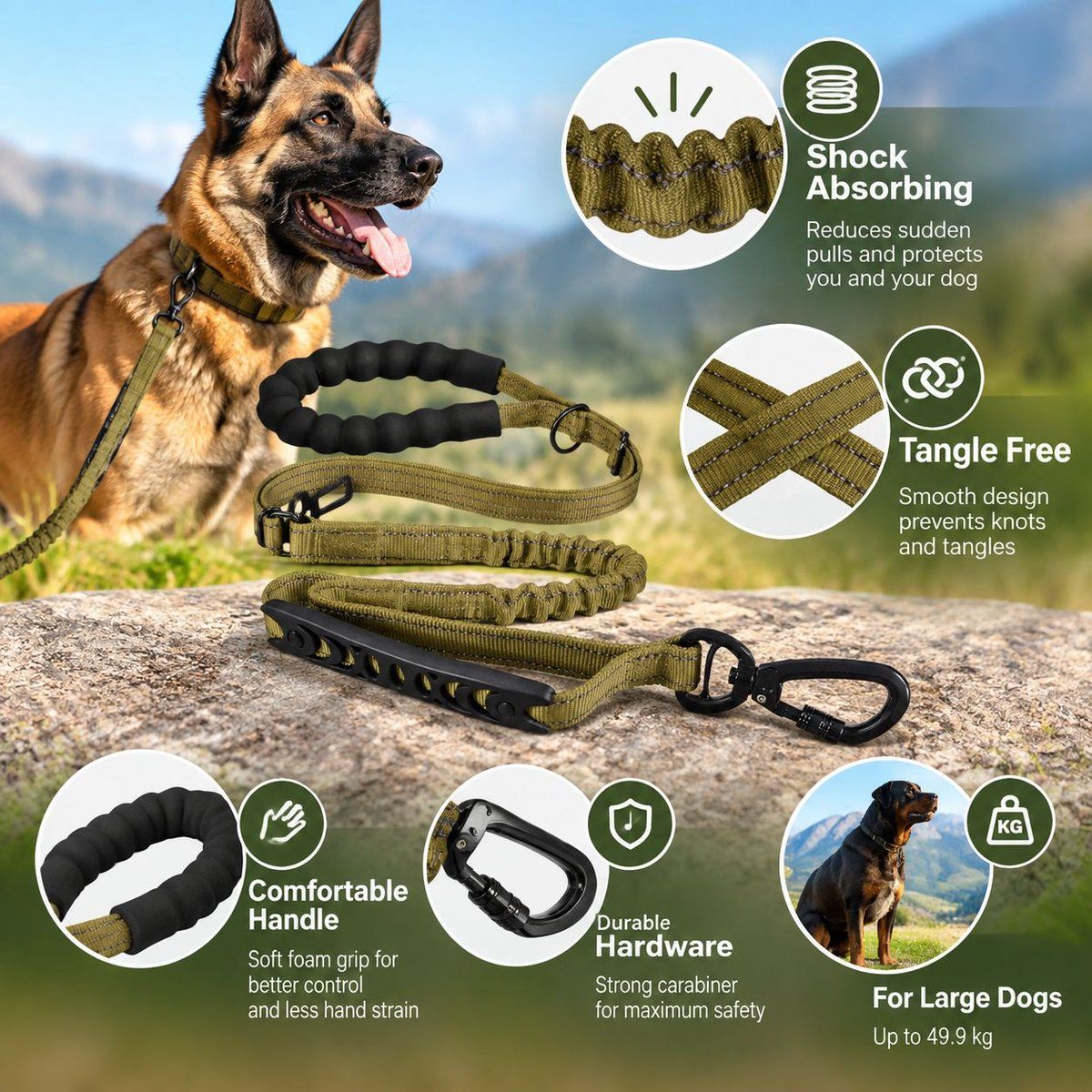 Shock Absorbing Dog Leash, Anti Tangle Elastic Training Leash for Large Dogs up to 49.9 kg, 1.9 m, Khaki
