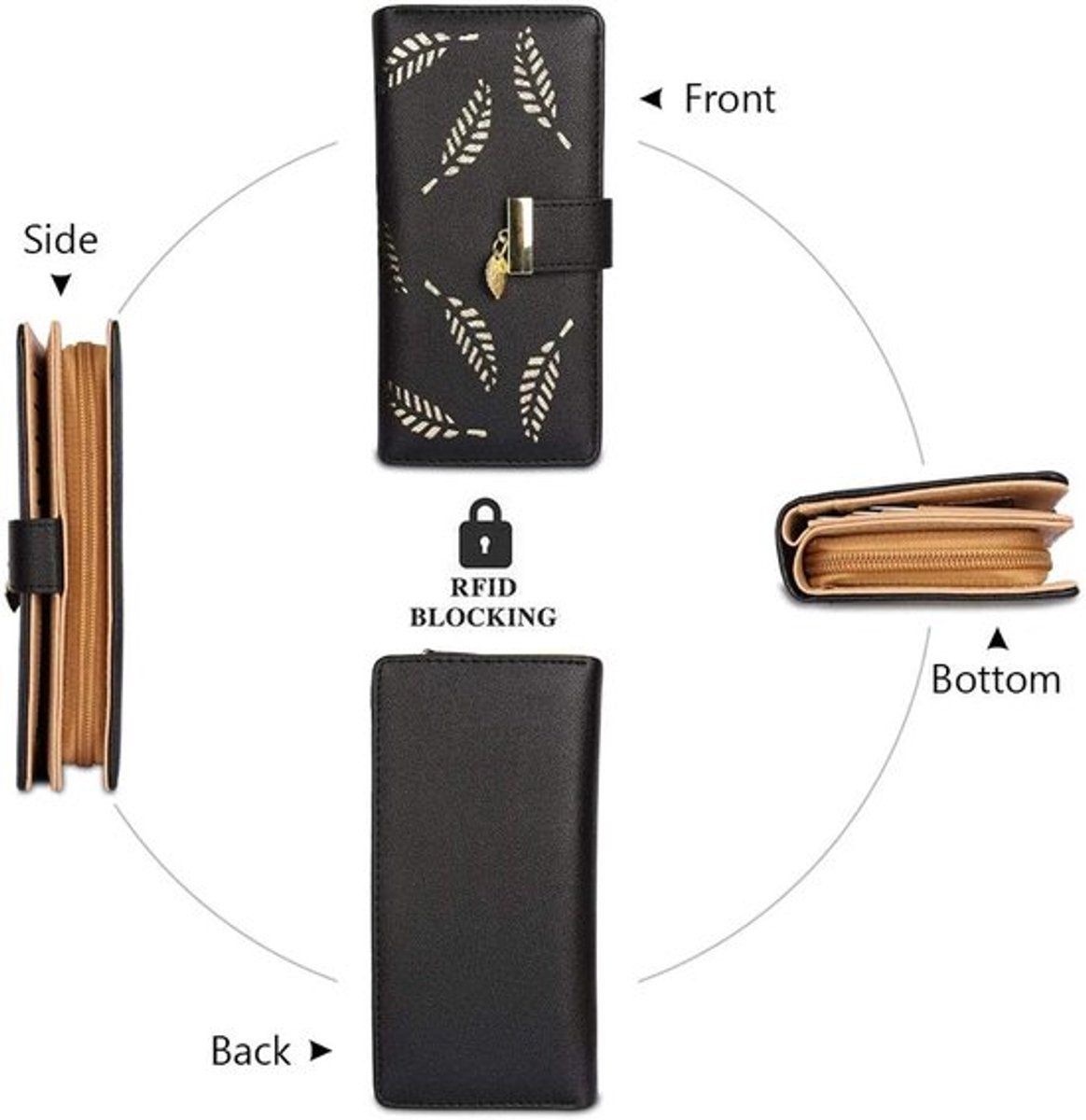 Women's Bifold Wallet with 12 Card Slots and Zipper Pocket, Matte PU Leather Phone Wallet, Leaf Hollow Design, Black