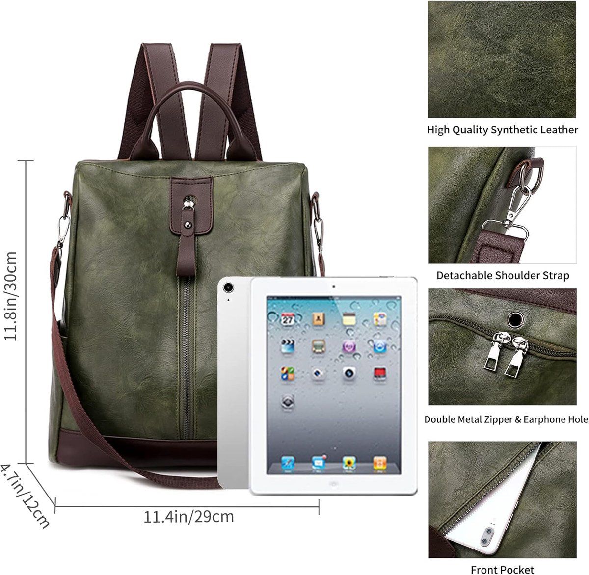 Women's Leather Backpack Waterproof Anti-Theft Casual Daypack for School Work Travel, 12 Inch