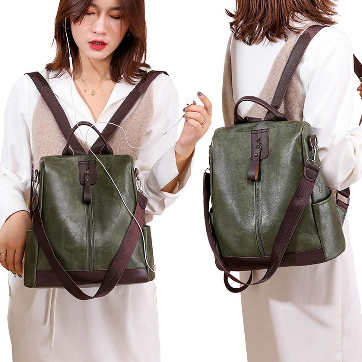 Women's Leather Backpack Waterproof Anti-Theft Casual Daypack for School Work Travel, 12 Inch