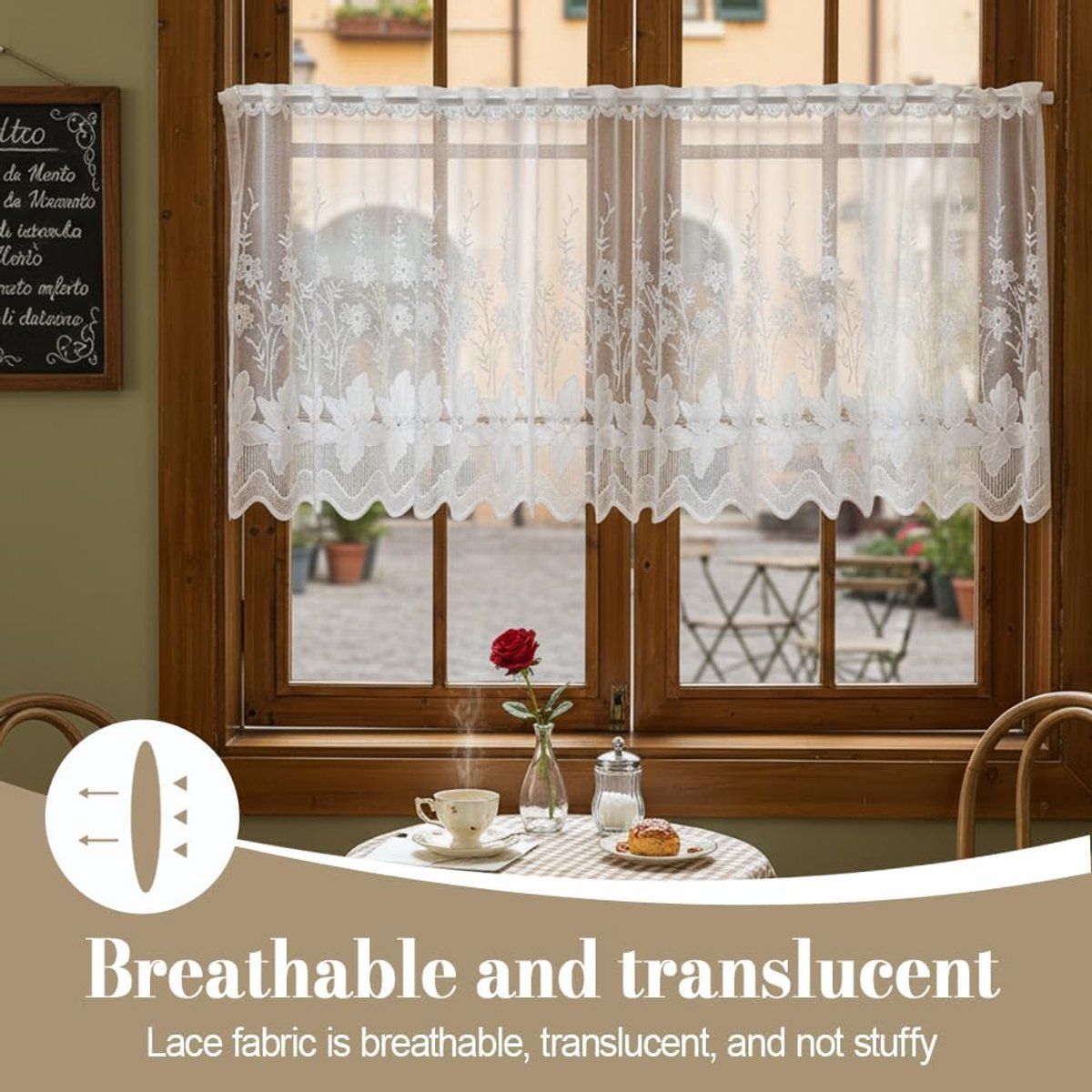 2 Pack Embroidered Lace Tier Curtains, Sheer Voile Valance for Kitchen Living Room Bedroom, White, 140x70cm