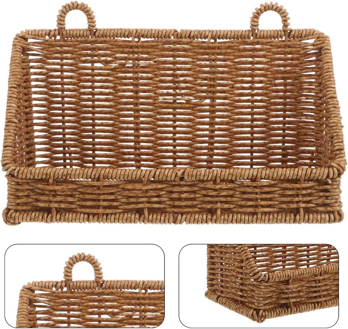 Wicker Wall Hanging Basket, Storage Basket Organizer for Bathroom Kitchen Cabinet Door Small Spaces, Plastic Woven Look No Drill Wall Shelf, 25x10x13cm
