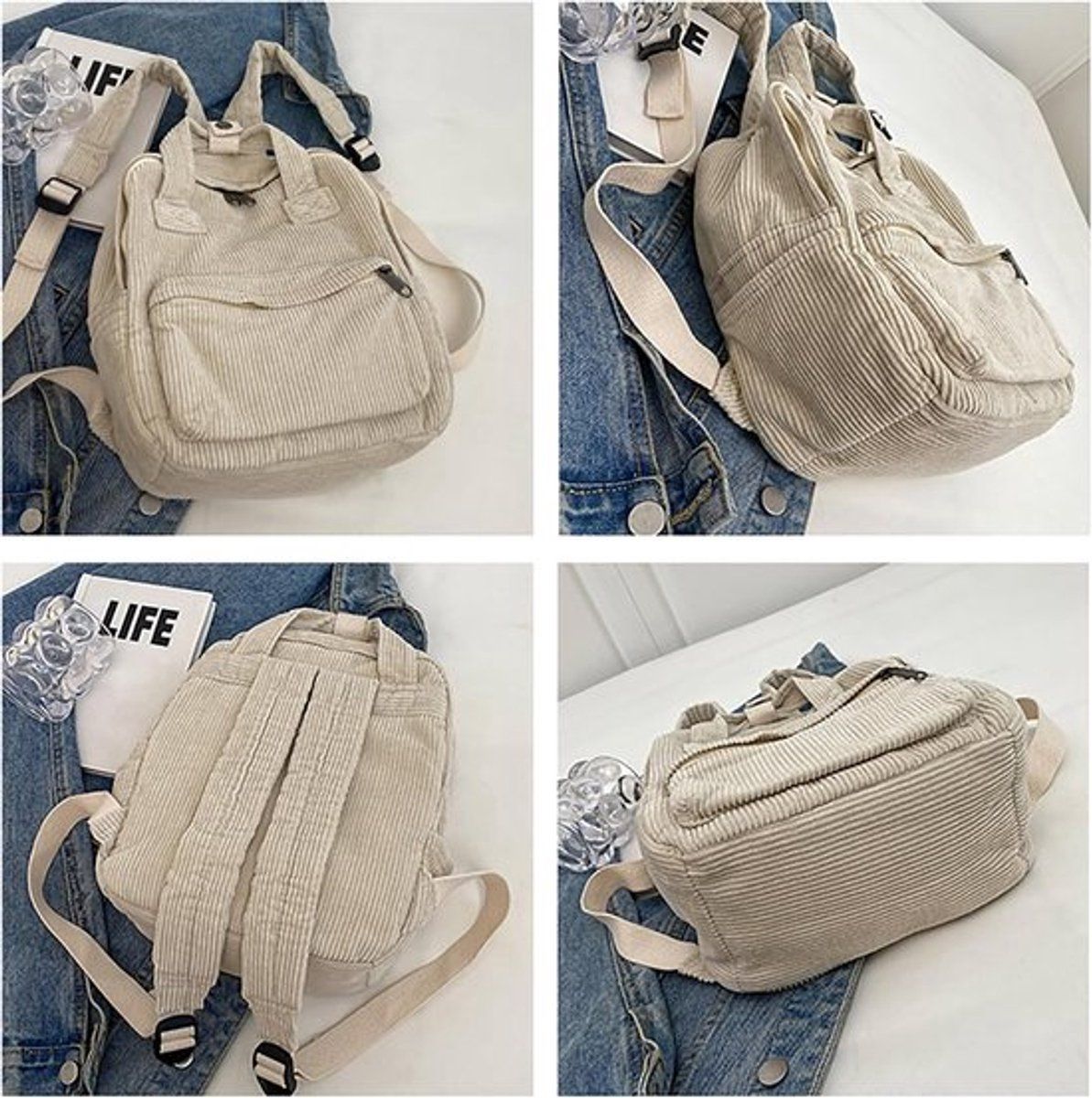 Corduroy Backpack for Women, Japanese Style Minimalist Vintage School Bag with Handle, Lightweight and Durable for School and Daily Use, Brown