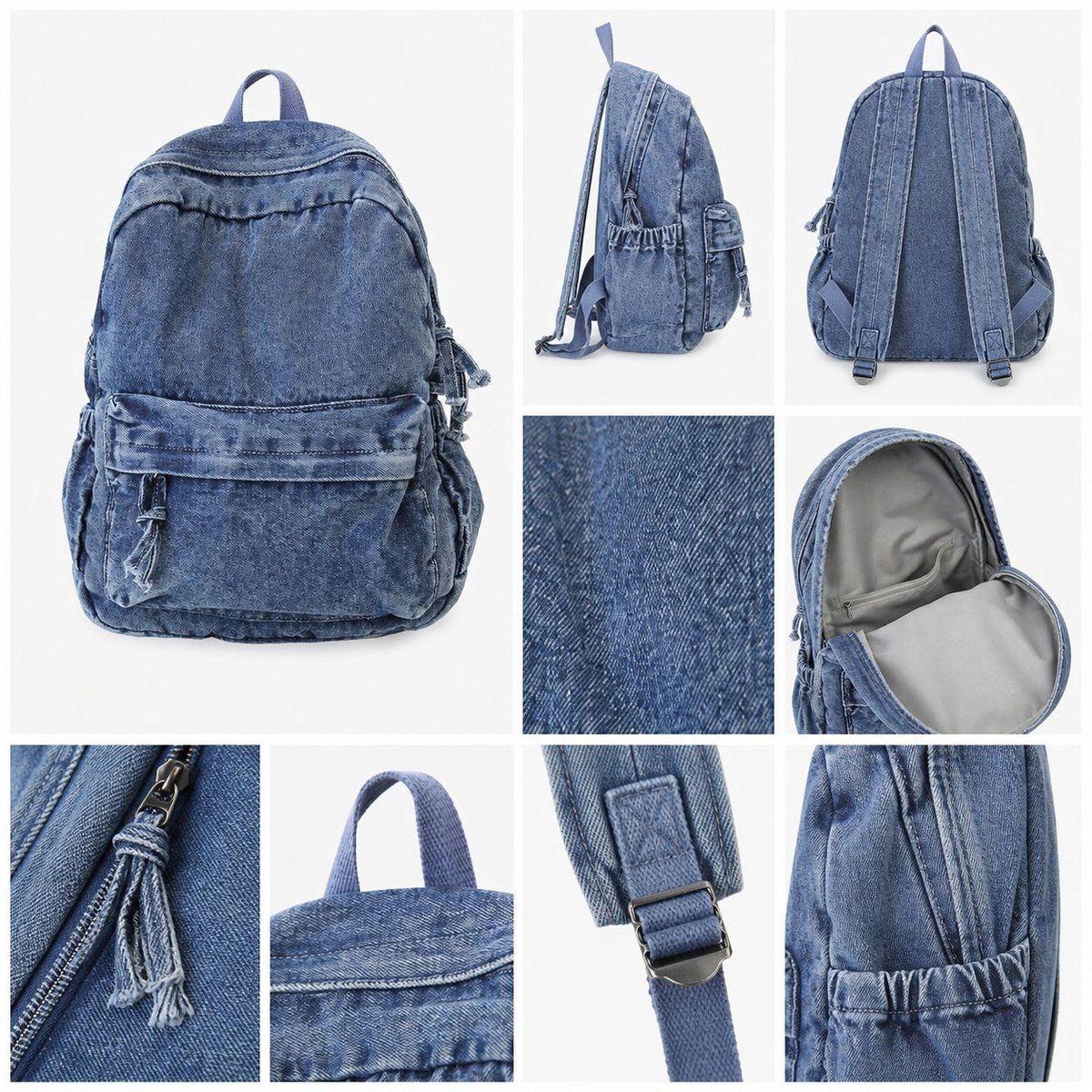 Denim Backpack, Lightweight Durable Daypack for School and Work, Stylish Jeans Fabric Bag for Women and Men, Blue