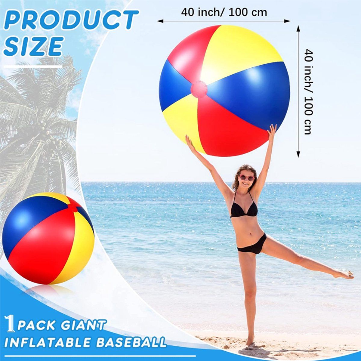 Inflatable Beach Ball XXL Colorful Blue Yellow Red for Swimming Pool Beach and Summer Parties Includes Air Pump, 100 cm Diameter