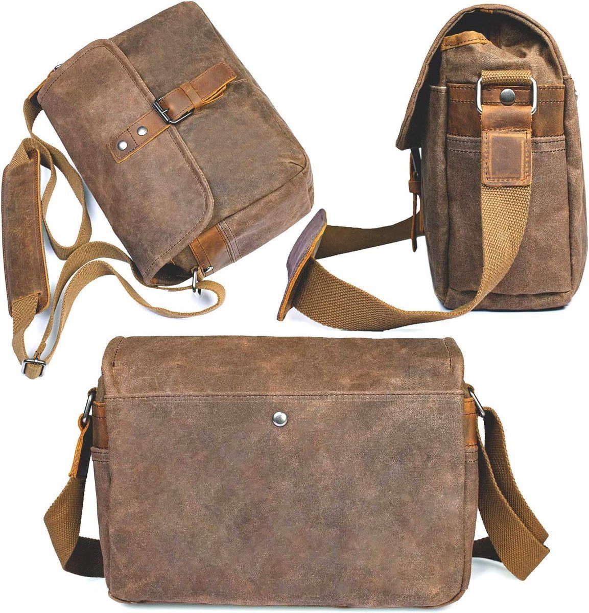 Waterproof Waxed Canvas Camera Bag, Retro Leather Crossbody Messenger Bag for DSLR Camera and Accessories, Vintage Brown