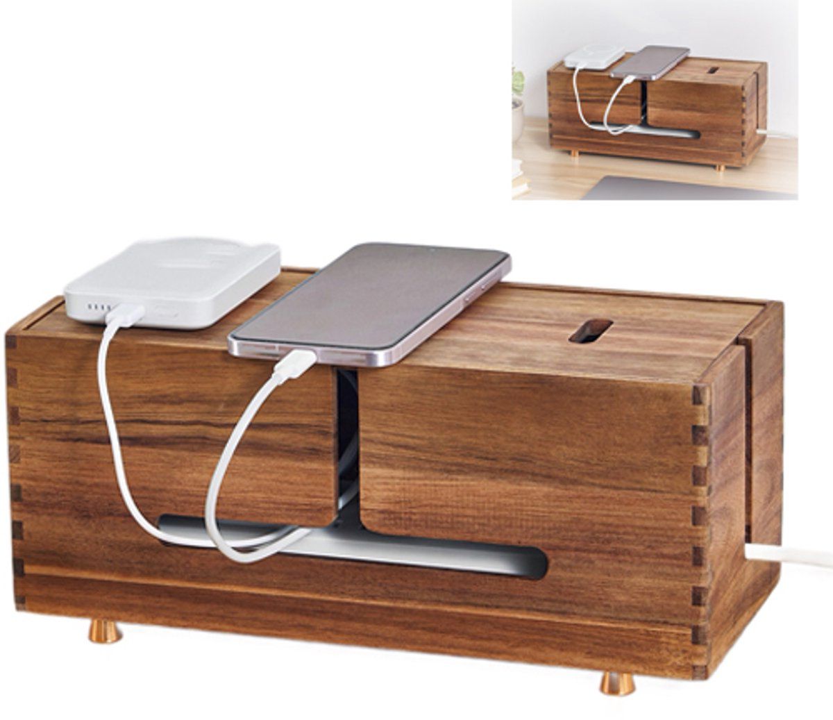 Cable Organizer Box Wooden Cable Management Box with Metal Feet for Desk and Office Acacia Wood Wood Color, 31 x 13.5 x 13 cm
